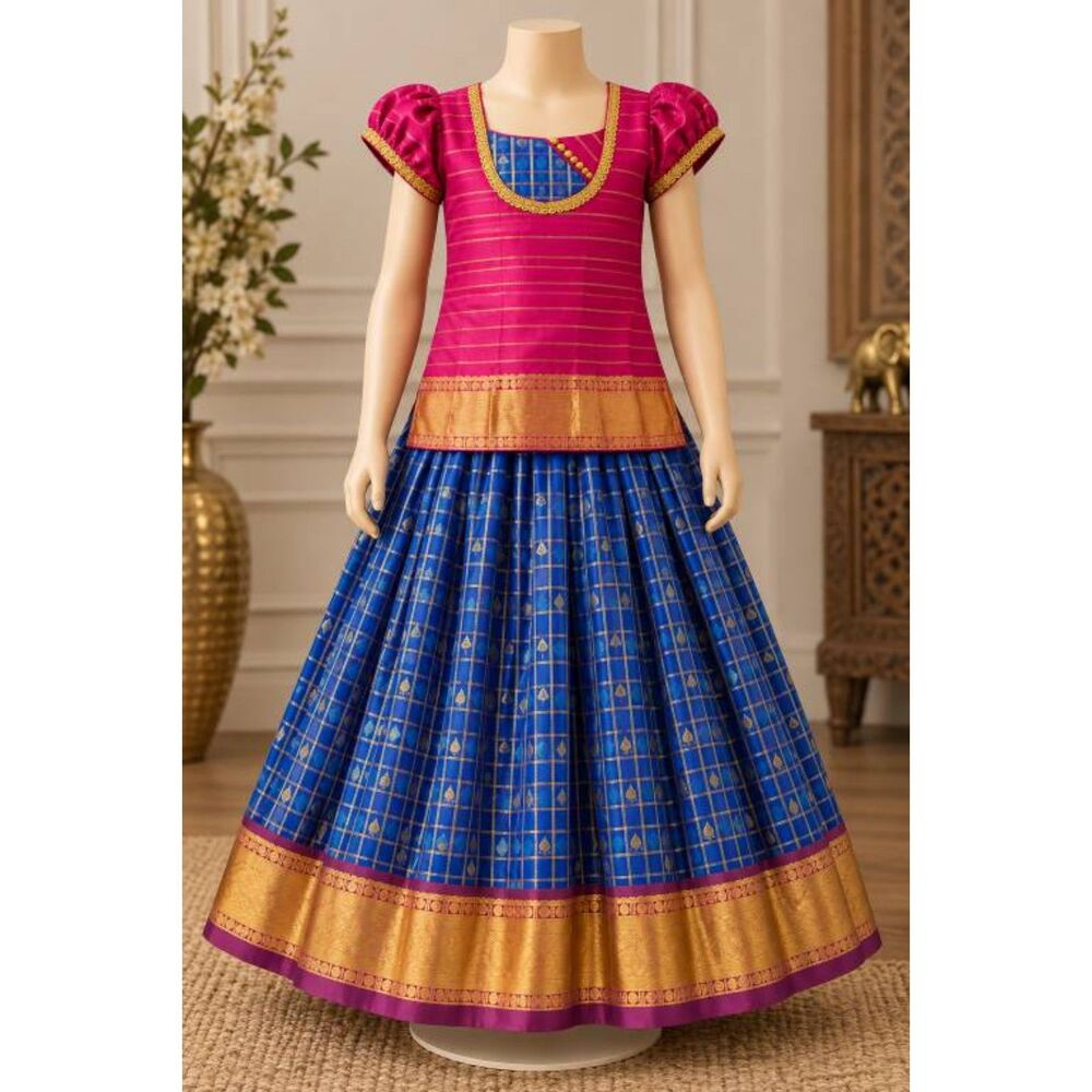 Girls Kids Blue Pink Gold Lehenga Choli Pattu Langa Voni Ethnic Set